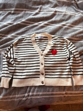 Old Navy Cream and Black Striped Cardigan with Red Heart